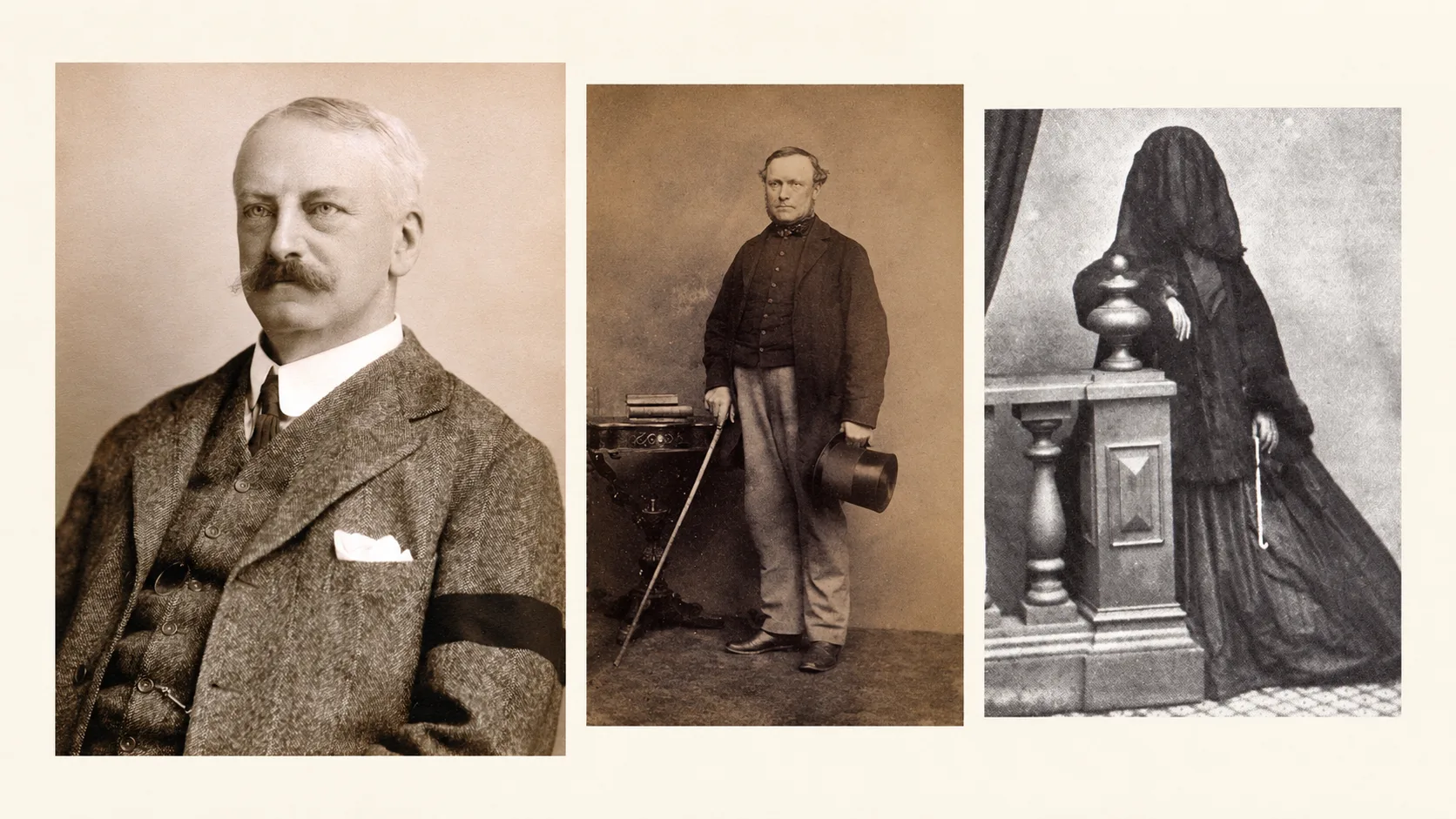 Three historical portraits showing traditional mourning dress, including a black armband and a full black mourning veil