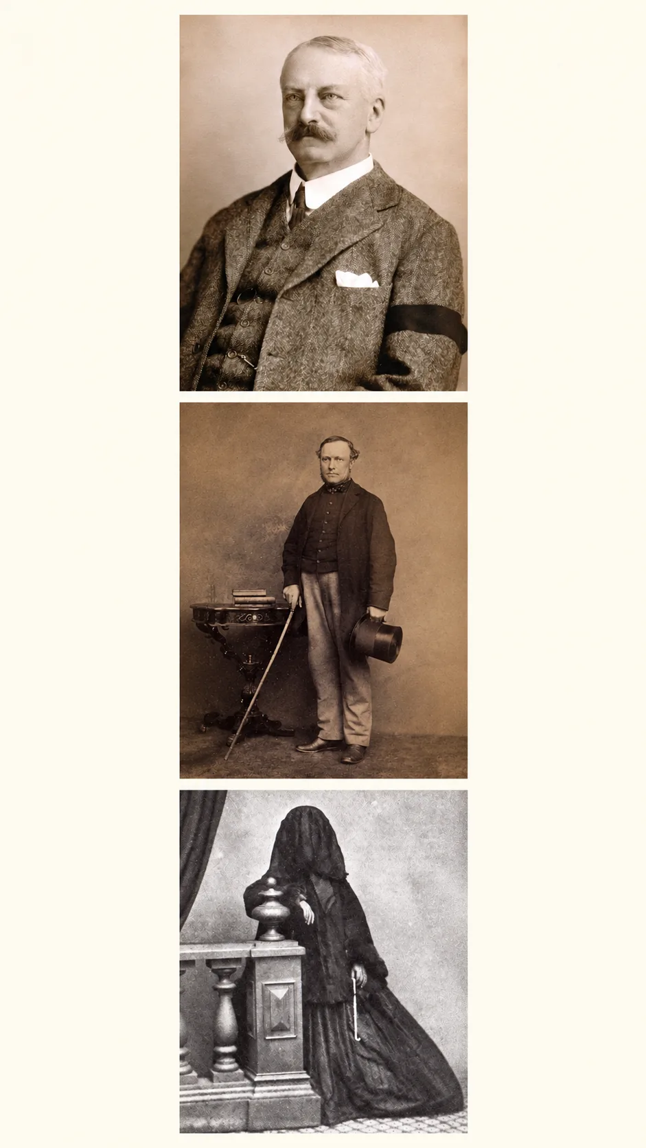 Three stacked historical portraits showing visible mourning dress, including a black armband, formal black clothing, and a full black mourning veil